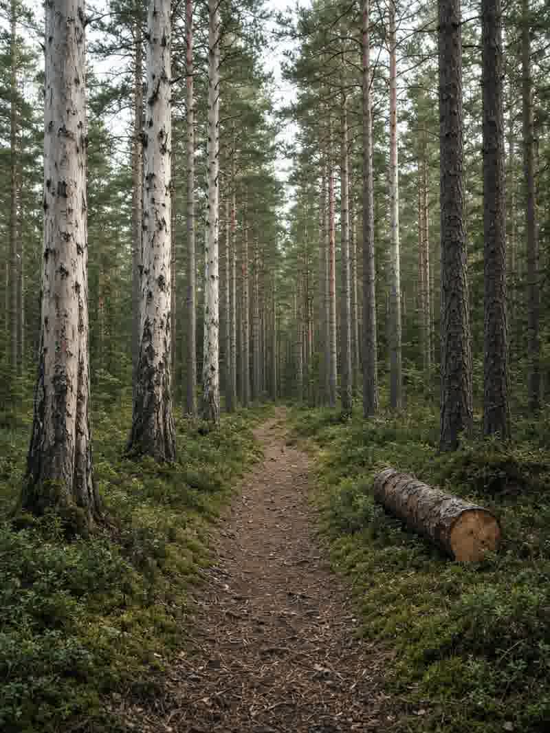 A path through a Swedish pine forest, with one cut log beside it.